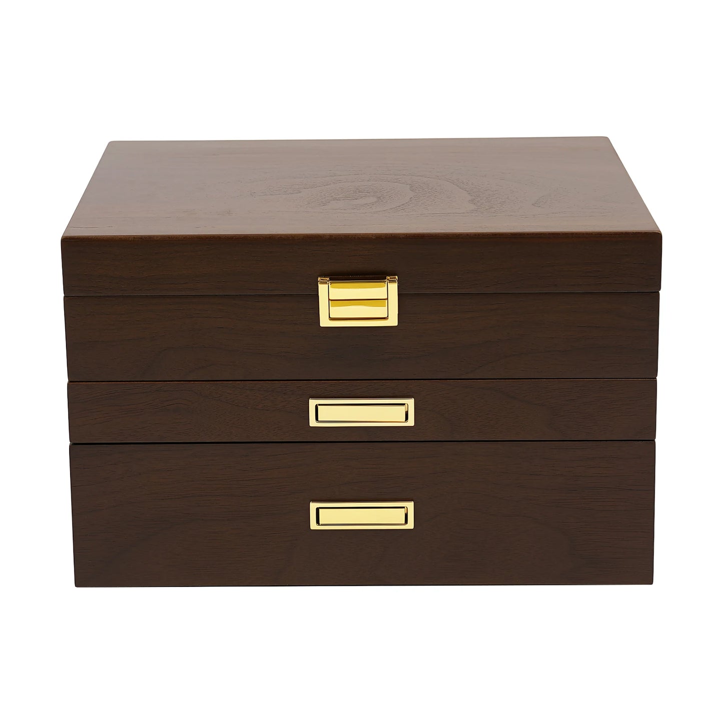 Wood Jewelry Box for Watch Necklace Rings Earrings, 3 Layer Organizer with Pull-out Drawer, Modern Dresser Accessory, Gift Ready