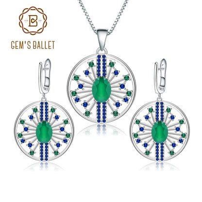 GEM'S BALLET 3.88Ct Natural Green Agate Vintage Jewelry Set 925 Sterling Silver Earrings Pendant Sets For Women Fine Jewelry