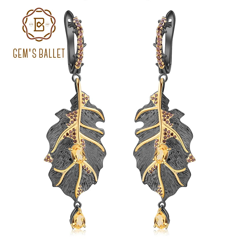 GEM'S BALLET Georgia O'keeffe 0.97Ct Natural Citrine 925 Sterling Silver Handmade Monstera Leaves Drop Earrings for Women Bijoux
