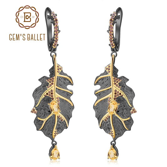 GEM'S BALLET Georgia O'keeffe 0.97Ct Natural Citrine 925 Sterling Silver Handmade Monstera Leaves Drop Earrings for Women Bijoux