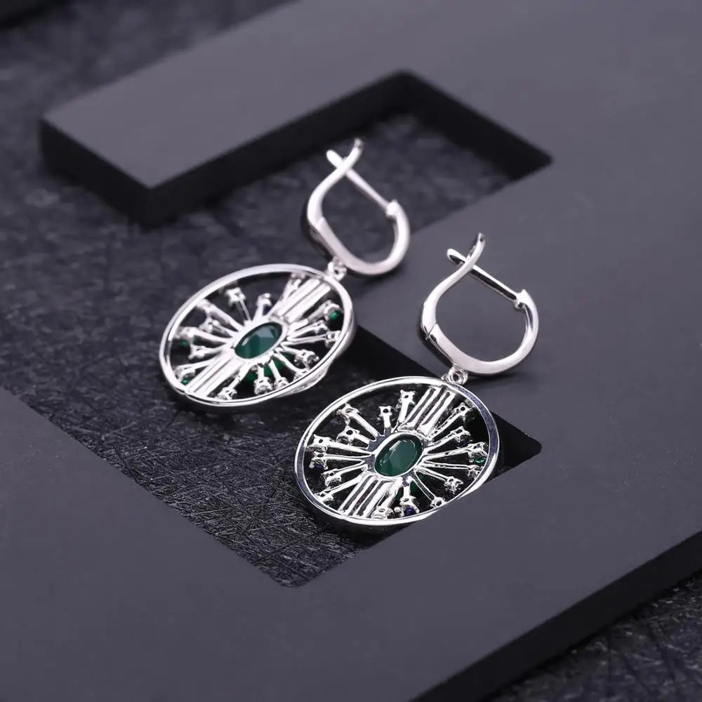 GEM'S BALLET 3.88Ct Natural Green Agate Vintage Jewelry Set 925 Sterling Silver Earrings Pendant Sets For Women Fine Jewelry