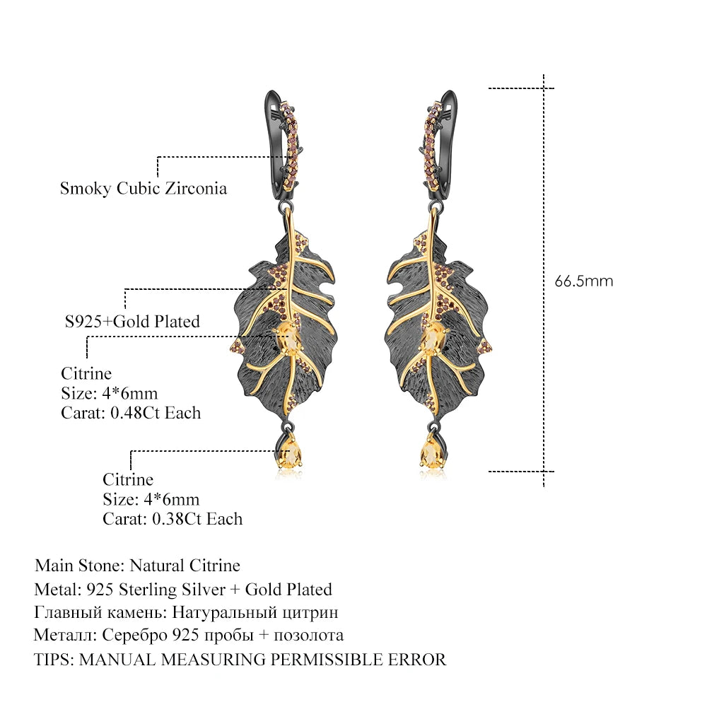 GEM'S BALLET Georgia O'keeffe 0.97Ct Natural Citrine 925 Sterling Silver Handmade Monstera Leaves Drop Earrings for Women Bijoux