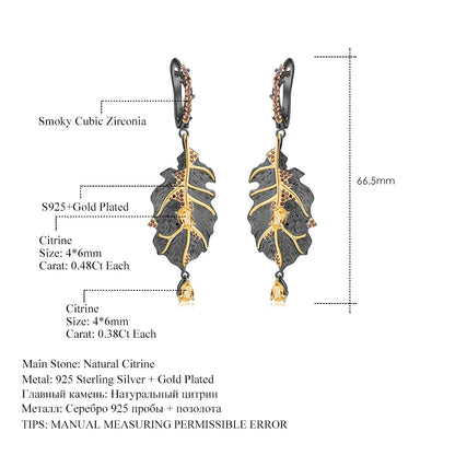 GEM'S BALLET Georgia O'keeffe 0.97Ct Natural Citrine 925 Sterling Silver Handmade Monstera Leaves Drop Earrings for Women Bijoux