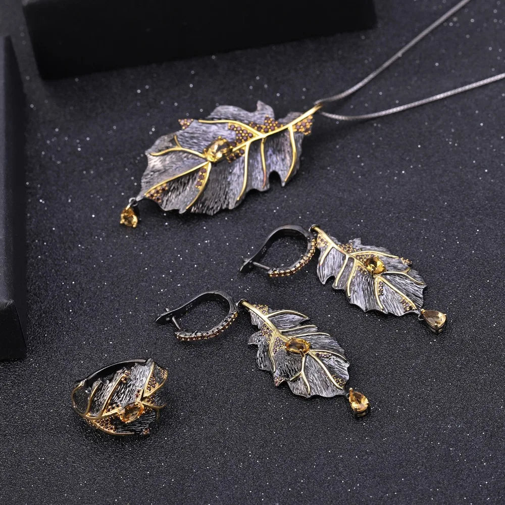 GEM'S BALLET Georgia O'keeffe 0.97Ct Natural Citrine 925 Sterling Silver Handmade Monstera Leaves Drop Earrings for Women Bijoux