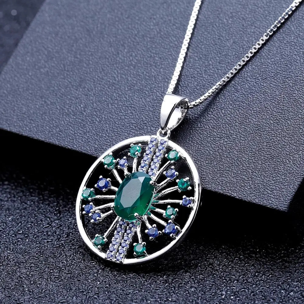 GEM'S BALLET 3.88Ct Natural Green Agate Vintage Jewelry Set 925 Sterling Silver Earrings Pendant Sets For Women Fine Jewelry