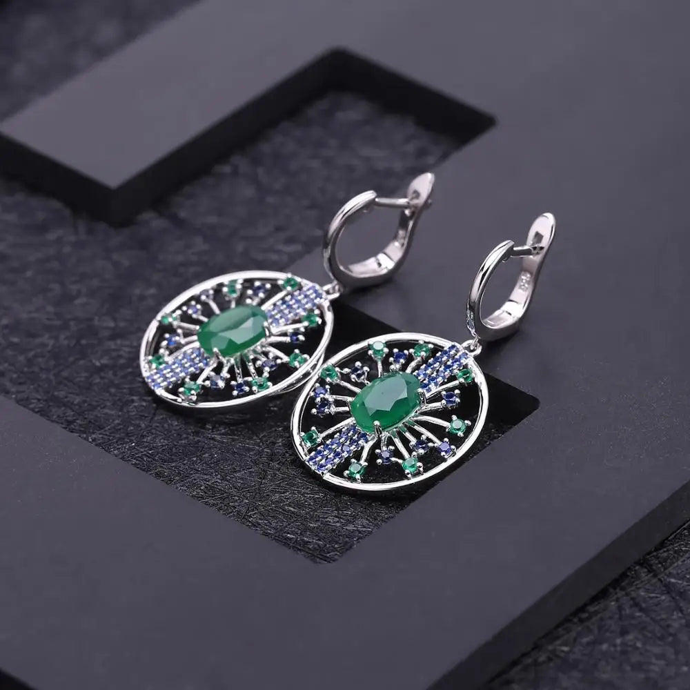 GEM'S BALLET 3.88Ct Natural Green Agate Vintage Jewelry Set 925 Sterling Silver Earrings Pendant Sets For Women Fine Jewelry