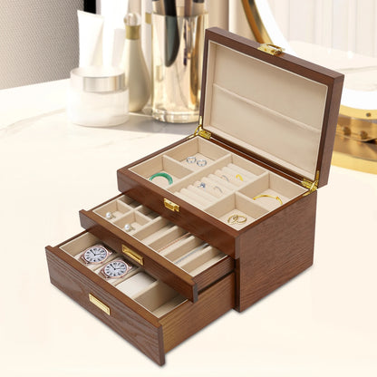 Wood Jewelry Box for Watch Necklace Rings Earrings, 3 Layer Organizer with Pull-out Drawer, Modern Dresser Accessory, Gift Ready