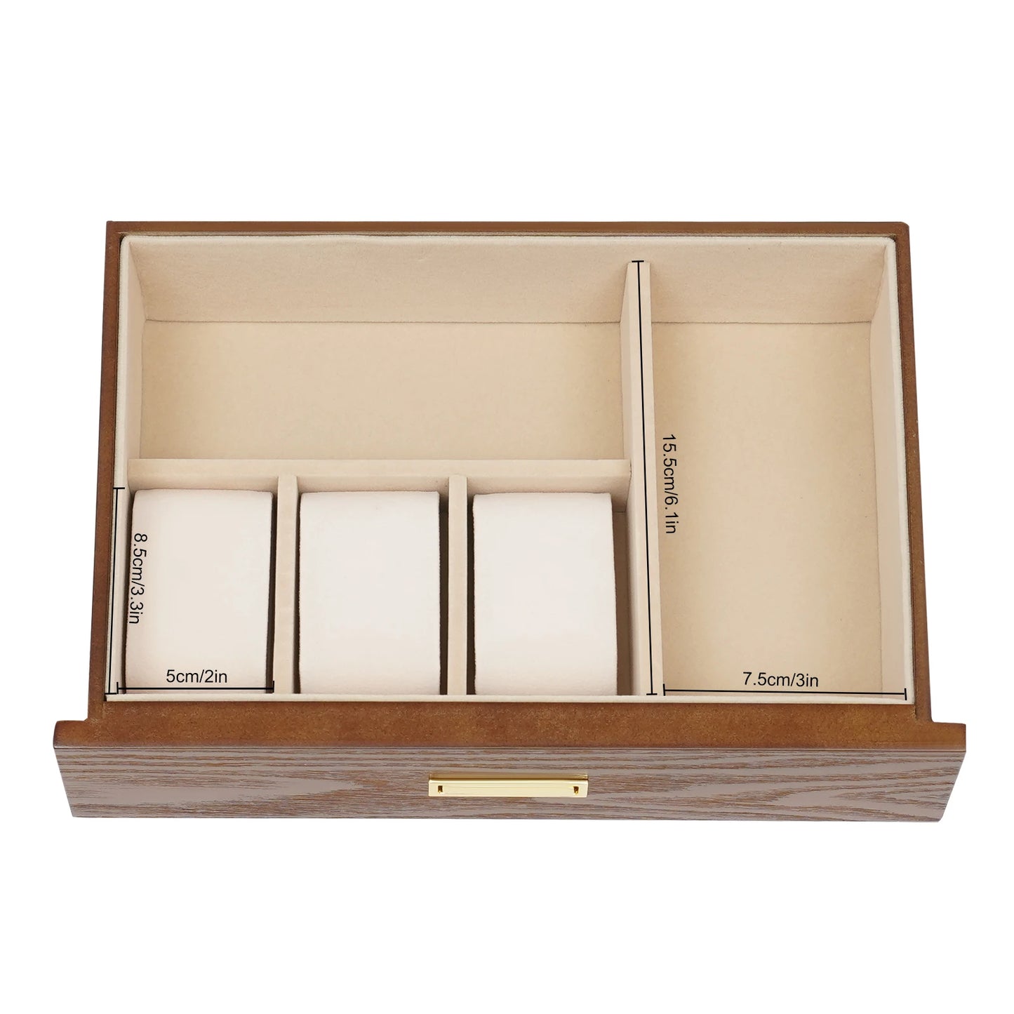 Wood Jewelry Box for Watch Necklace Rings Earrings, 3 Layer Organizer with Pull-out Drawer, Modern Dresser Accessory, Gift Ready