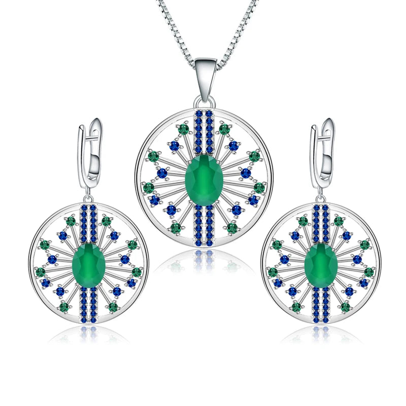 GEM'S BALLET 3.88Ct Natural Green Agate Vintage Jewelry Set 925 Sterling Silver Earrings Pendant Sets For Women Fine Jewelry
