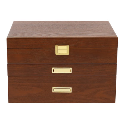 Wood Jewelry Box for Watch Necklace Rings Earrings, 3 Layer Organizer with Pull-out Drawer, Modern Dresser Accessory, Gift Ready
