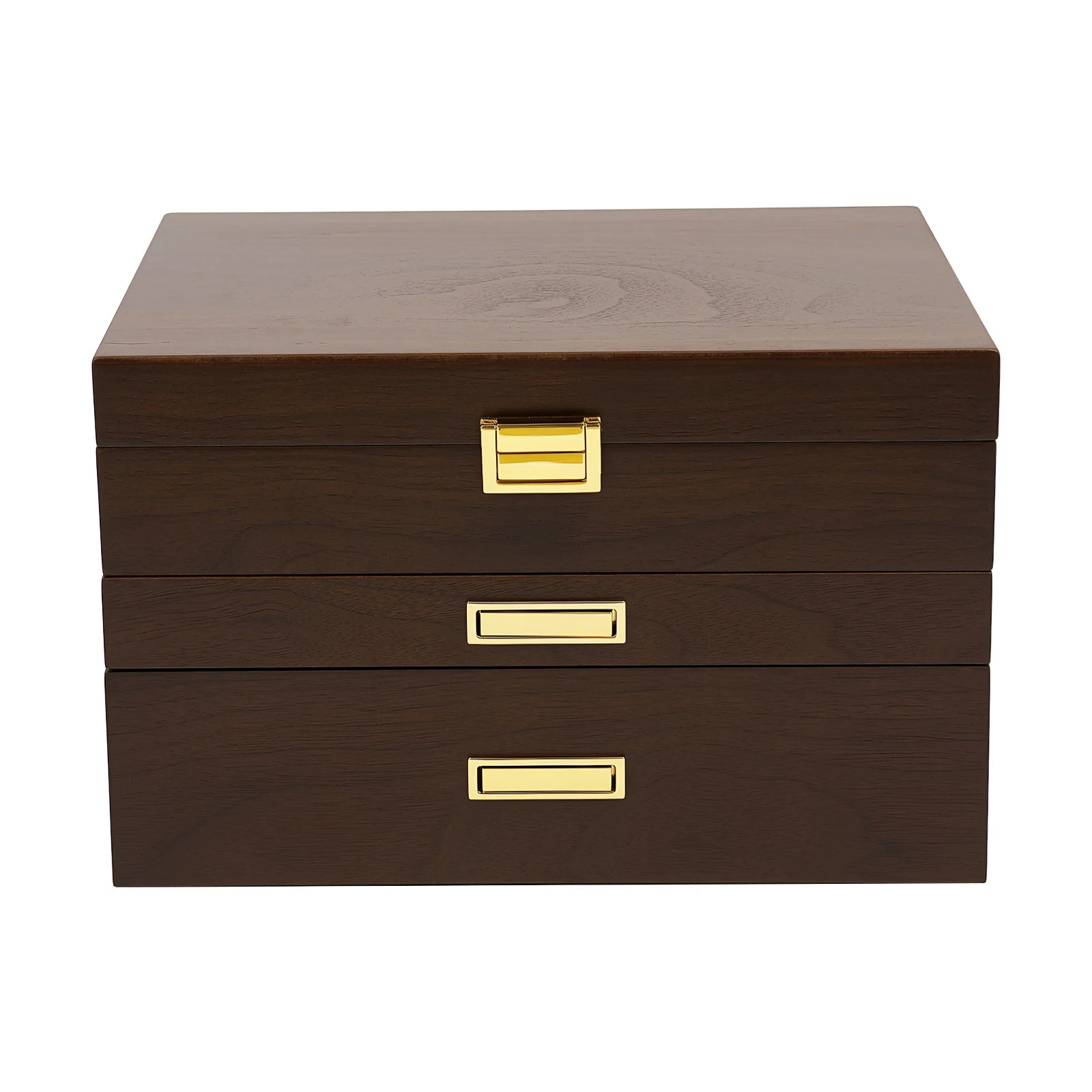 Wood Jewelry Box for Watch Necklace Rings Earrings, 3 Layer Organizer with Pull-out Drawer, Modern Dresser Accessory, Gift Ready