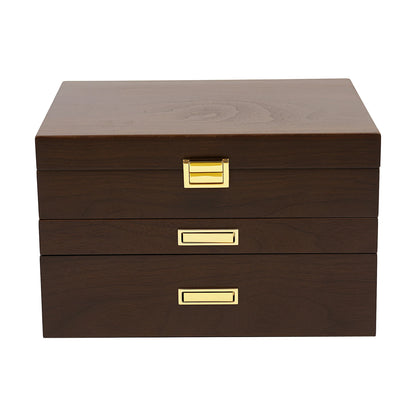 Wood Jewelry Box for Watch Necklace Rings Earrings, 3 Layer Organizer with Pull-out Drawer, Modern Dresser Accessory, Gift Ready