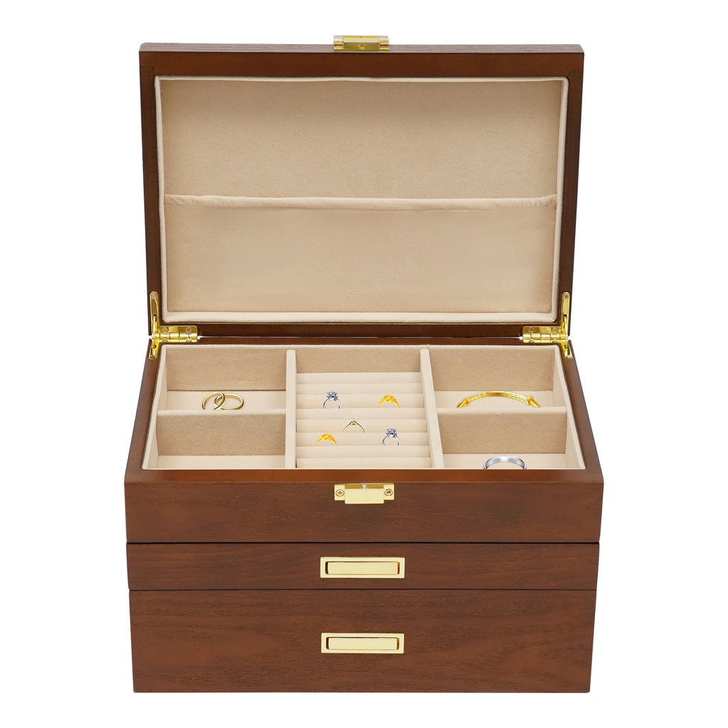 Wood Jewelry Box for Watch Necklace Rings Earrings, 3 Layer Organizer with Pull-out Drawer, Modern Dresser Accessory, Gift Ready