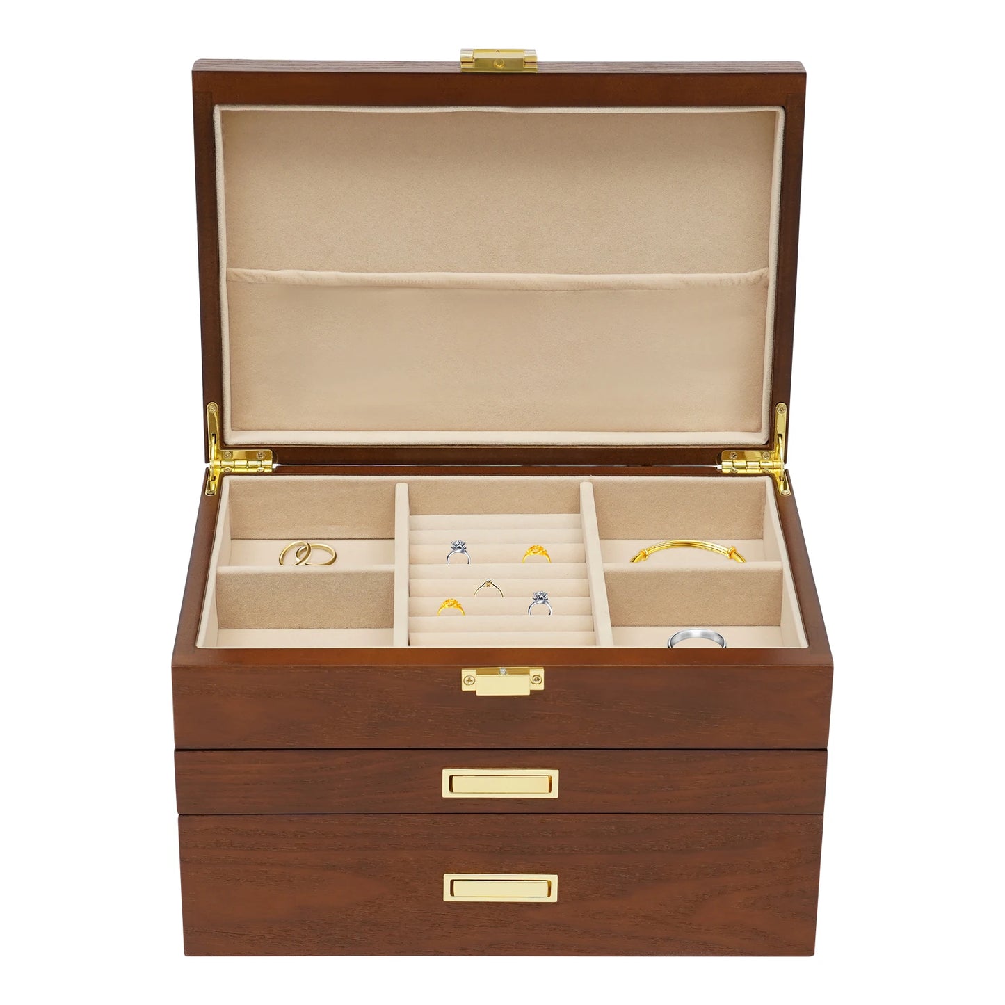 Wood Jewelry Box for Watch Necklace Rings Earrings, 3 Layer Organizer with Pull-out Drawer, Modern Dresser Accessory, Gift Ready