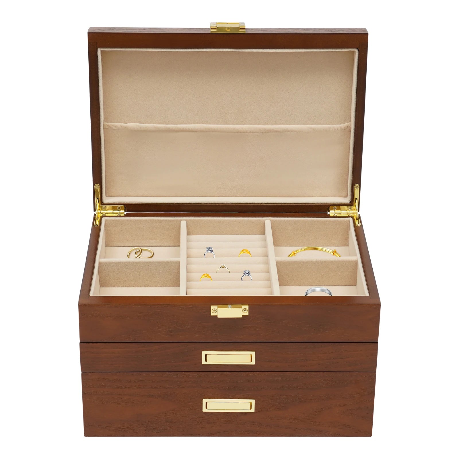 Wood Jewelry Box for Watch Necklace Rings Earrings, 3 Layer Organizer with Pull-out Drawer, Modern Dresser Accessory, Gift Ready