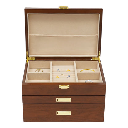 Wood Jewelry Box for Watch Necklace Rings Earrings, 3 Layer Organizer with Pull-out Drawer, Modern Dresser Accessory, Gift Ready