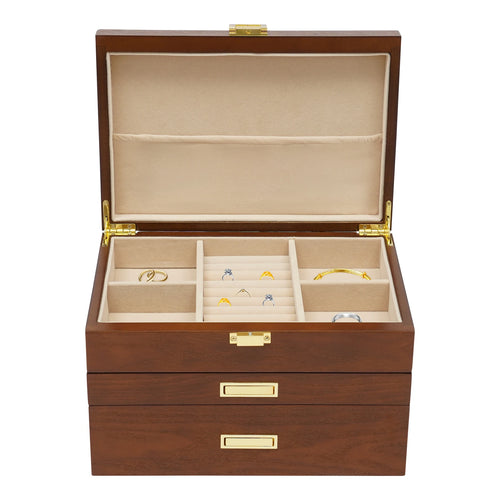 Wood Jewelry Box for Watch Necklace Rings Earrings, 3 Layer Organizer with Pull-out Drawer, Modern Dresser Accessory, Gift Ready
