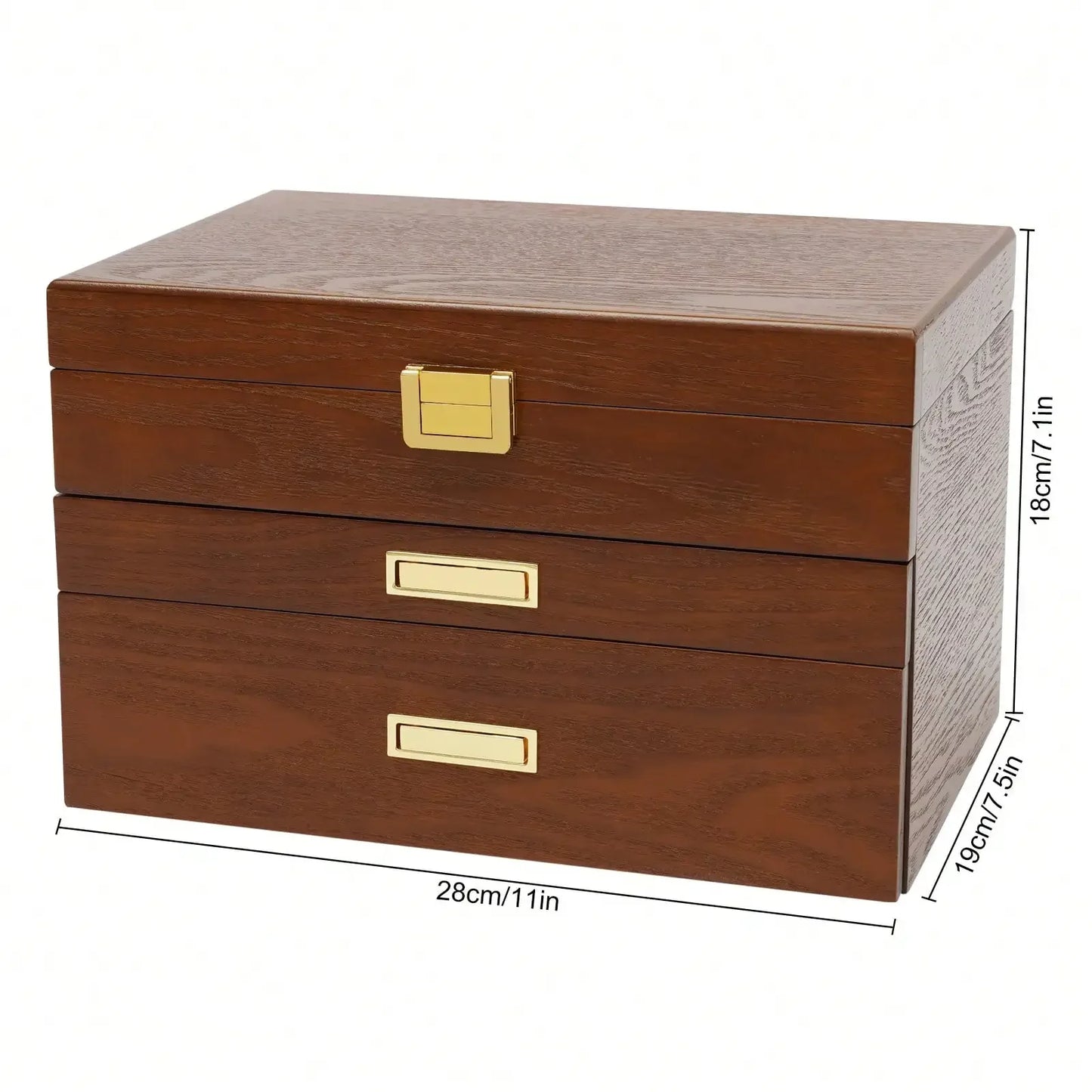 Wood Jewelry Box for Watch Necklace Rings Earrings, 3 Layer Organizer with Pull-out Drawer, Modern Dresser Accessory, Gift Ready