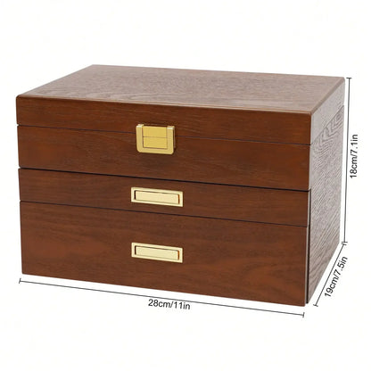 Wood Jewelry Box for Watch Necklace Rings Earrings, 3 Layer Organizer with Pull-out Drawer, Modern Dresser Accessory, Gift Ready