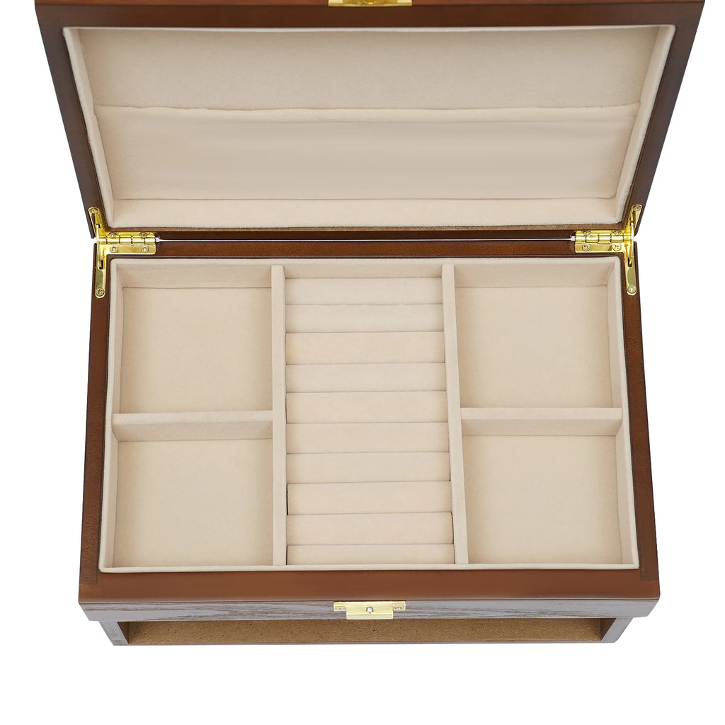 Wood Jewelry Box for Watch Necklace Rings Earrings, 3 Layer Organizer with Pull-out Drawer, Modern Dresser Accessory, Gift Ready