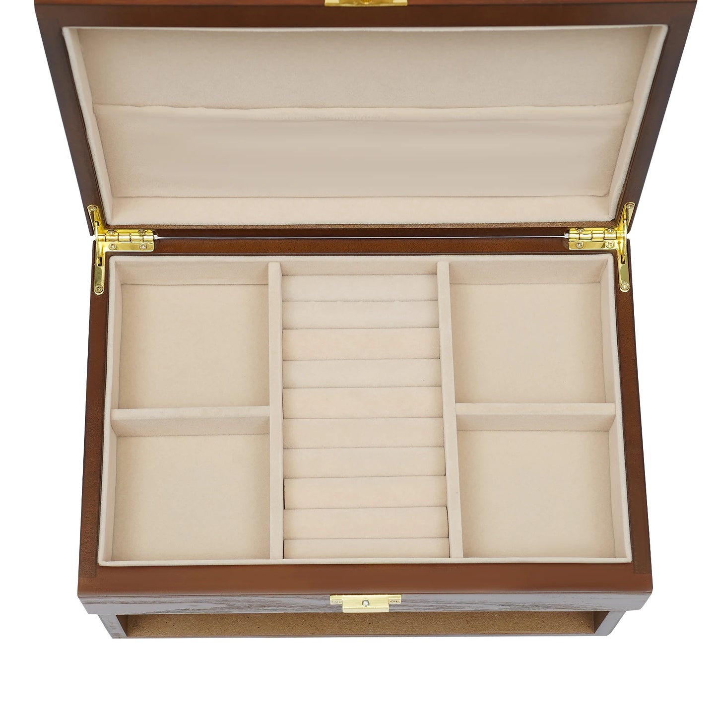 Wood Jewelry Box for Watch Necklace Rings Earrings, 3 Layer Organizer with Pull-out Drawer, Modern Dresser Accessory, Gift Ready