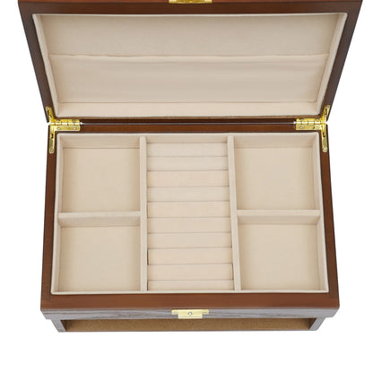 Wood Jewelry Box for Watch Necklace Rings Earrings, 3 Layer Organizer with Pull-out Drawer, Modern Dresser Accessory, Gift Ready